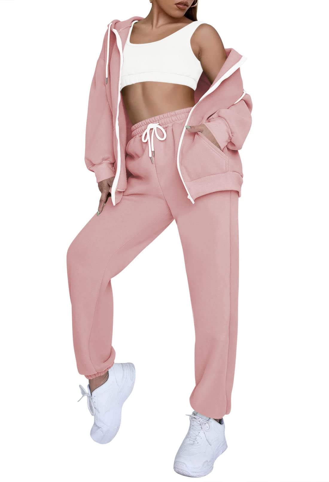 Fixmatti Women Sweat Suits with Zip up Hoodie 2 Piece Outfits Active Jogger Set Tracksuit Pink S