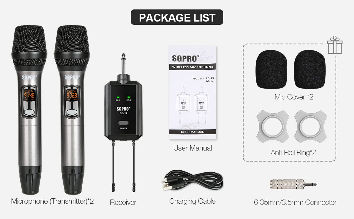 SGPRO Multiple-Purpose Wireless Microphone Set Compact Receiver Mute Function Battery Indicator for Singing, DJ, Speech, Classroom, Church, Home Karaoke and More (SG-14 | Dual Handheld Set)