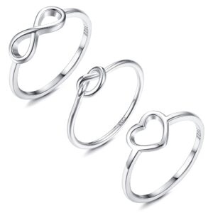 milacolato 3pcs sterling silver rings - 18k white gold plated infinity knot rings simple heart rings love knot rings for women size 10