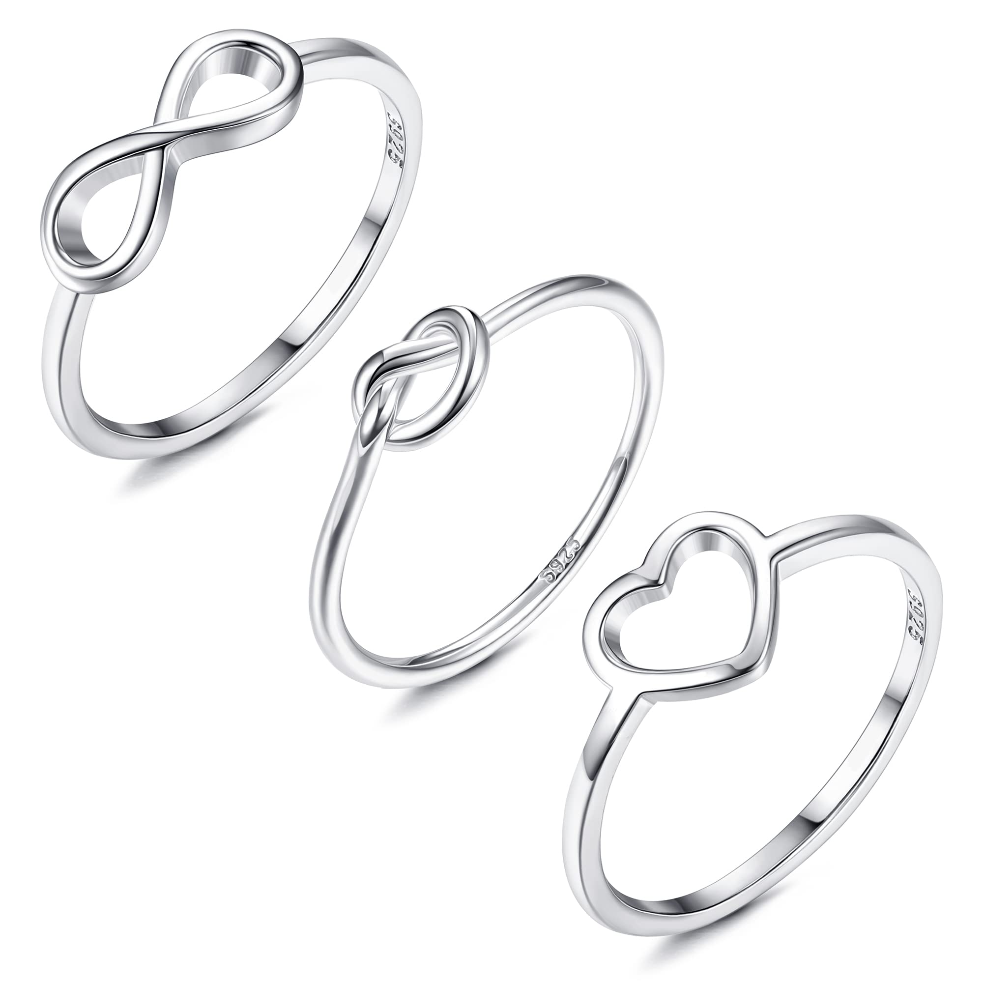 MILACOLATO 3Pcs Sterling Silver Rings - 18K White Gold Plated Infinity Knot Rings Simple Heart Rings Love Knot Rings for Women Size 10