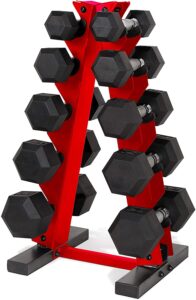 cap barbell a-frame dumbbell weight rack, red (rk-12bis-rd) with cap 50lb coated hex dumbbells, 5x2 20x2, & 10x2 15x2 & 25x2, part of 150lb set