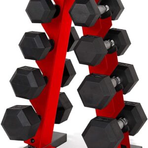 CAP Barbell A-Frame Dumbbell Weight Rack, Red (RK-12BIS-RD) with CAP 50lb Coated Hex Dumbbells, 5x2 20x2, & 10x2 15x2 & 25x2, Part of 150lb Set