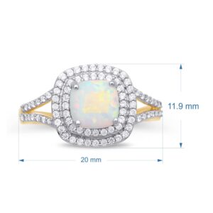 Jewelili Yellow Gold Over Sterling Silver 7x7 MM Cushion Cut Created Opal and Created White Round Sapphire Double Halo Ring, Size 7