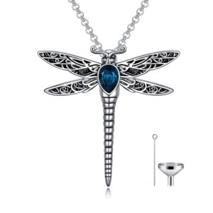 AOBOCO Dragonfly Simulated Blue Zircon Urn Necklace for Ashes Sterling Silver Memorial Keepsake Cremation Jewelry Gifts with Filling Tool