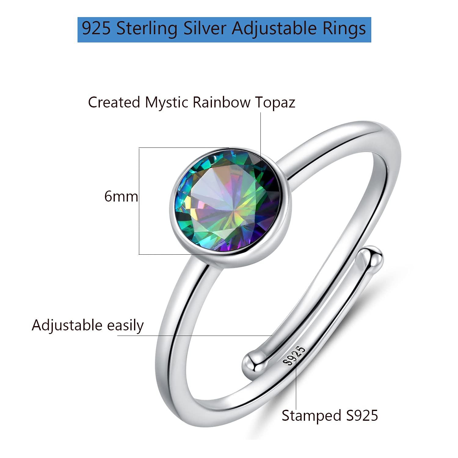 VOLUKA Created Mystic Topaz Rainbow CZ Rings for Women 925 Sterling Silver Wedding Engagement Adjustable Eternity Ring Band for Men