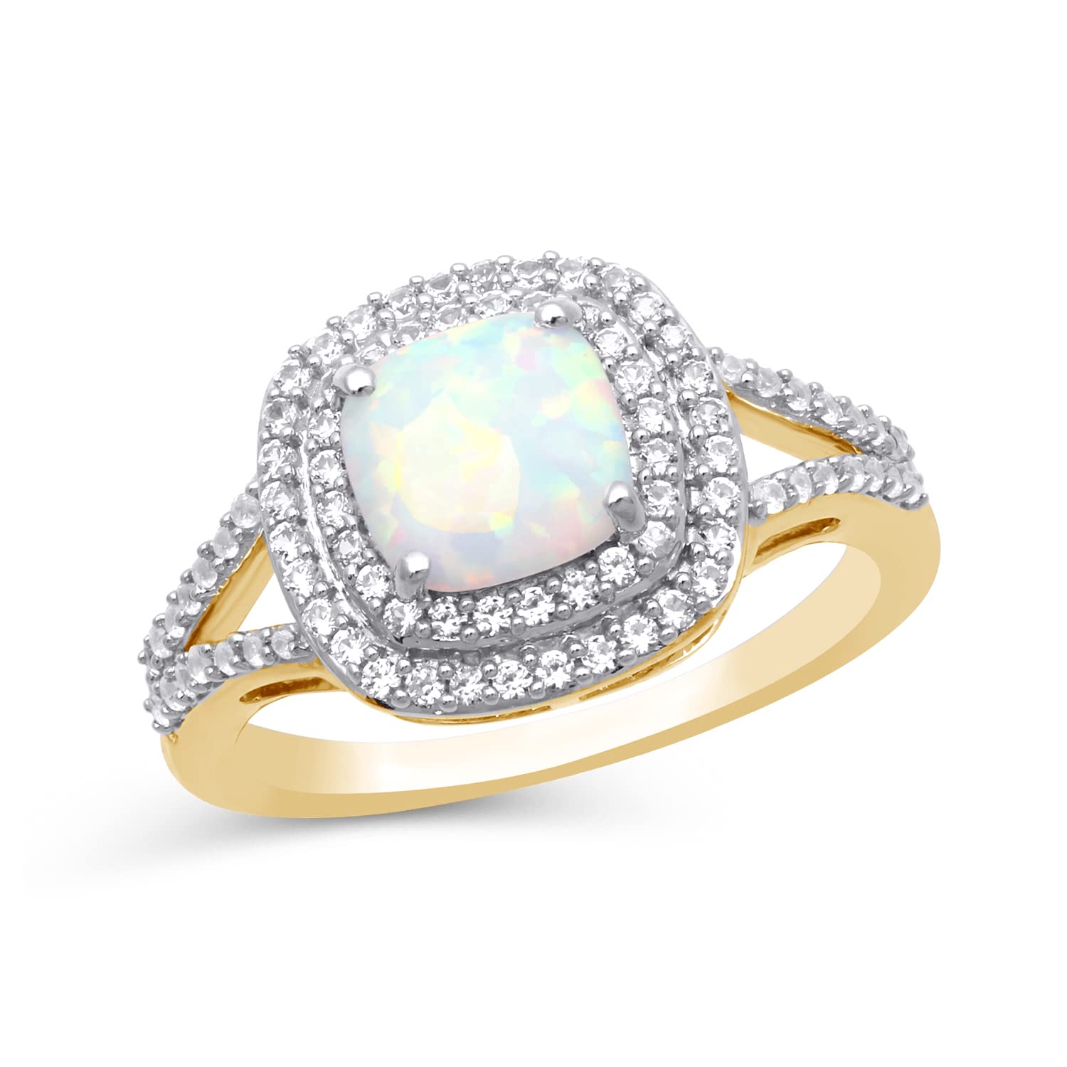 Jewelili Yellow Gold Over Sterling Silver 7x7 MM Cushion Cut Created Opal and Created White Round Sapphire Double Halo Ring, Size 7