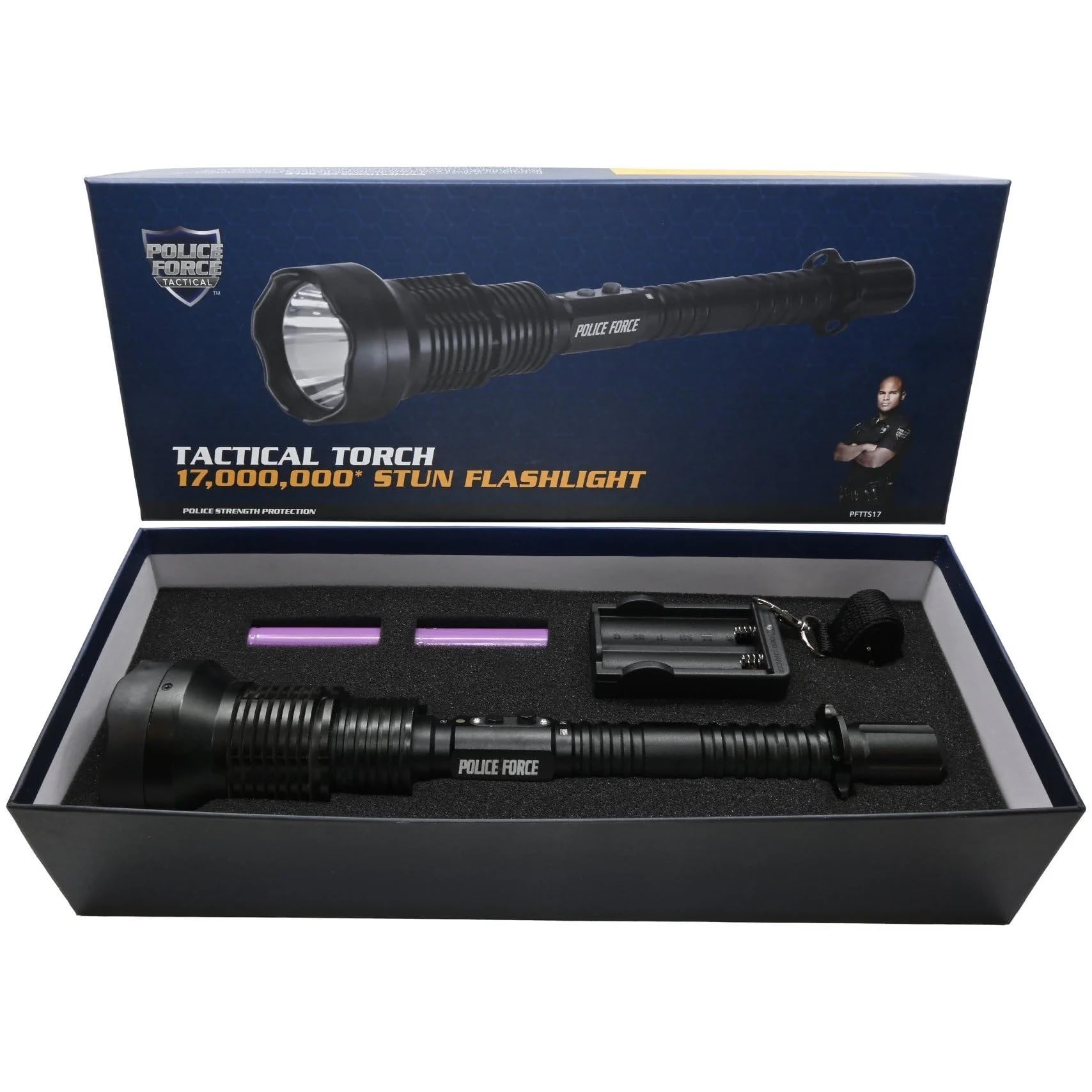 Police Force Tactical Torch 17,000,000 Heavy Duty Stun Gun LED Flashlight for Powerful Self Defense with Rechargeable Batteries and Adjustable Carry Strap