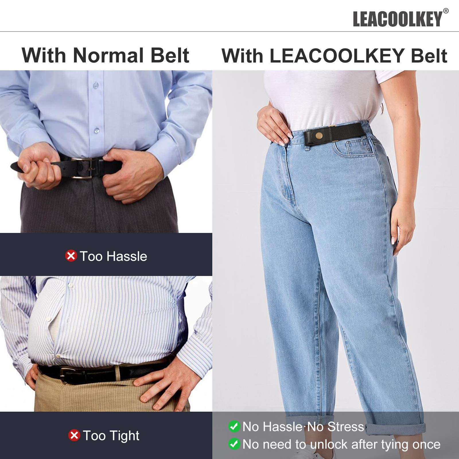 LEACOOLKEY No Buckle Stretch Belt for Women/Men—2 Pack Elastic Invisible Belt for Jeans (K-2 black+2 blue-1, Fits 2 loop size 4"-6")