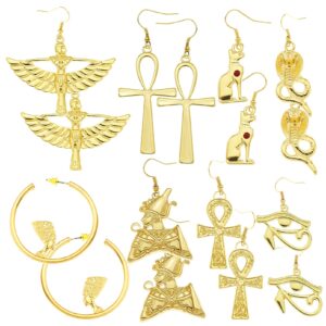 RechicGu 8 Pairs Women Egyptian Ancient Costume Dangle Set Earrings Cross Snake Hoop Studs Drop Vintage Jewelry Accessory Statement Polish Gold…