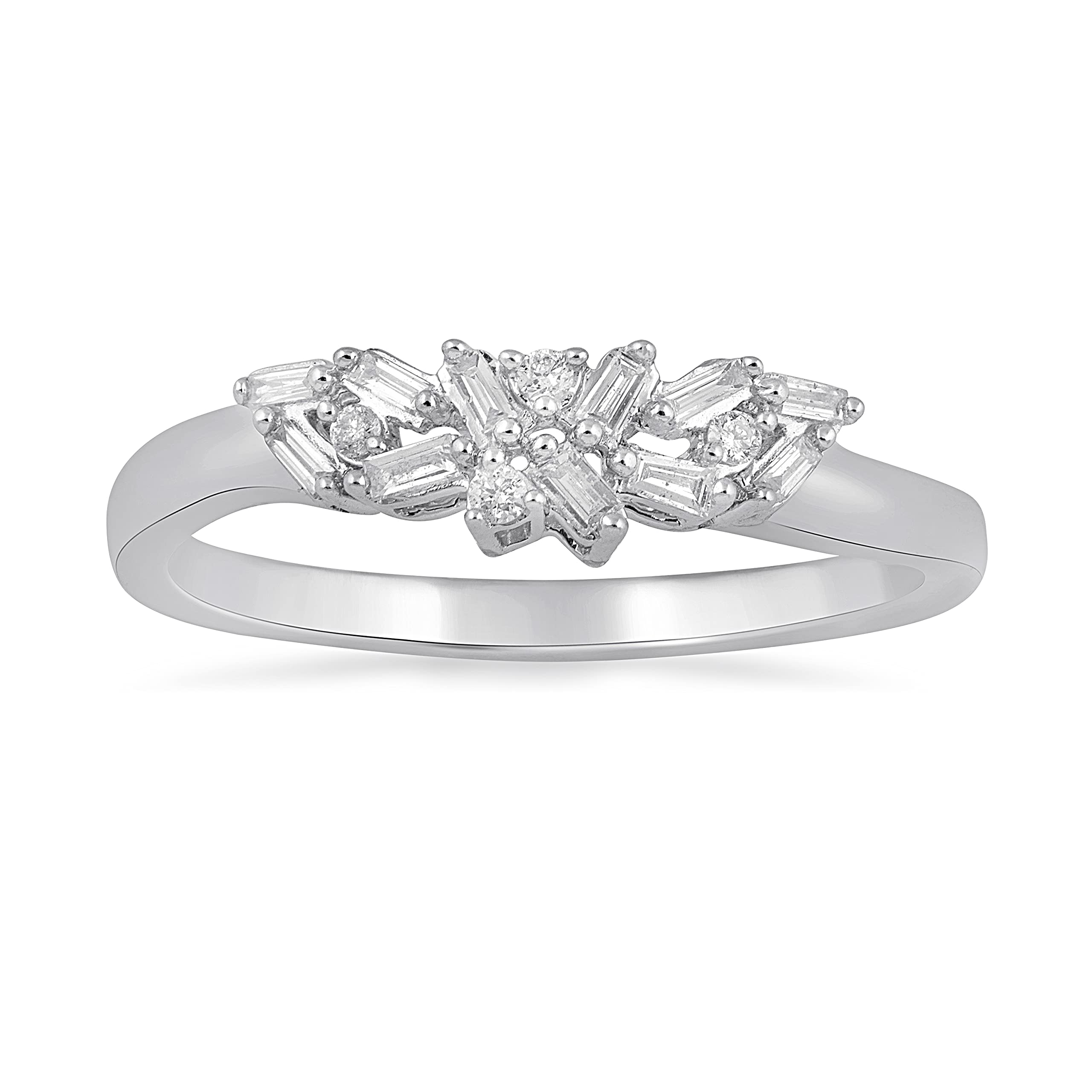 Jewelili Sterling Silver 1/6 Cttw Natural White Round and Baguette Cut Diamond Band Style Ring, Size 7