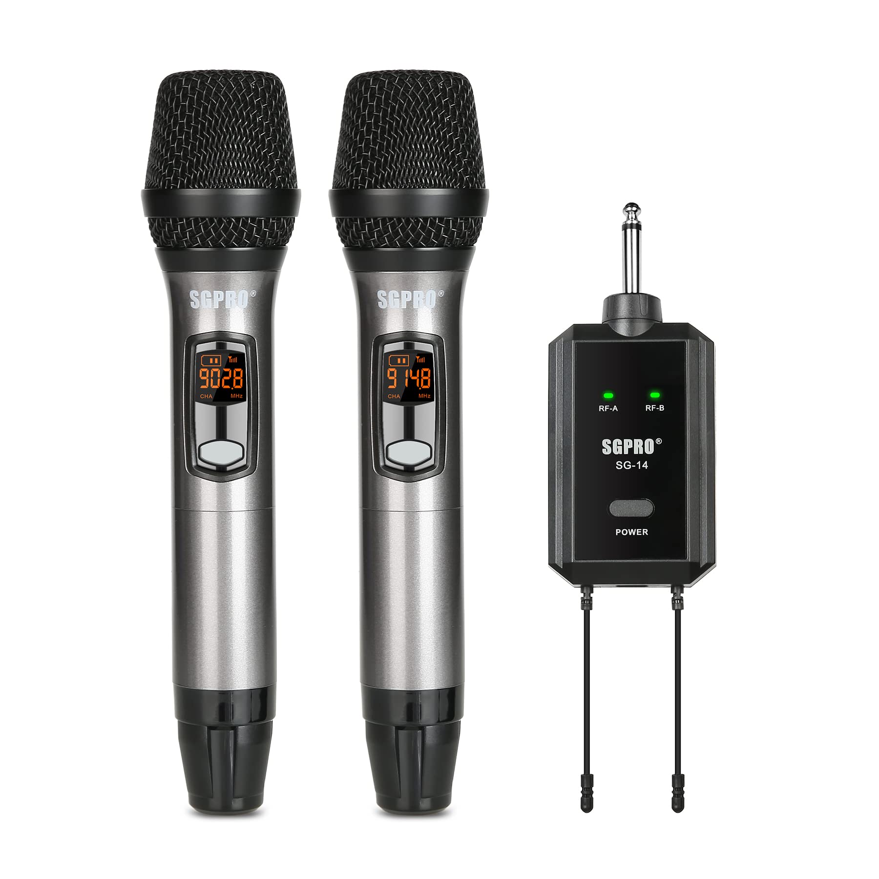 SGPRO Multiple-Purpose Wireless Microphone Set Compact Receiver Mute Function Battery Indicator for Singing, DJ, Speech, Classroom, Church, Home Karaoke and More (SG-14 | Dual Handheld Set)