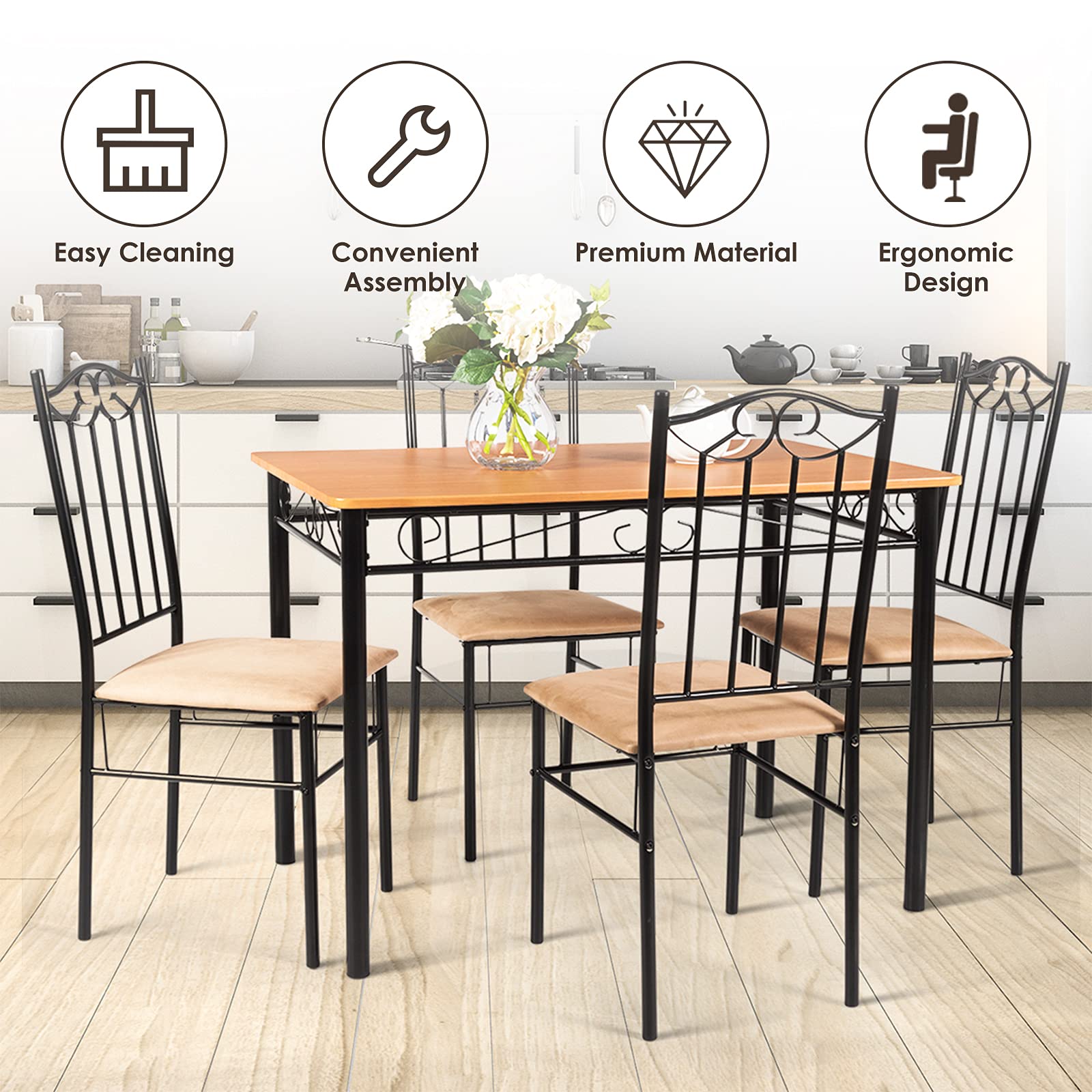 COSTWAY 5 Pcs Dining Table Set, with Metal Framework, Modern Dining Table Set, 5-Piece Dining Room Set, Kitchen Table with 4 Chairs for Home, Restaurant and Café