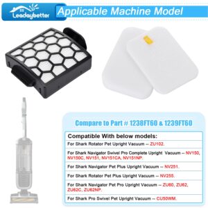 Leadaybetter Filter Replacement for Shark Zero-M Self-Cleaning Brushroll Pet Pro ZU60 ZU62 ZU62C Navigator Pet Plus NV150 NV151 NV251 ZU51 CU50WM ZU62NP and Rotator NV255, Part # 1238FT60 & 1239FT60