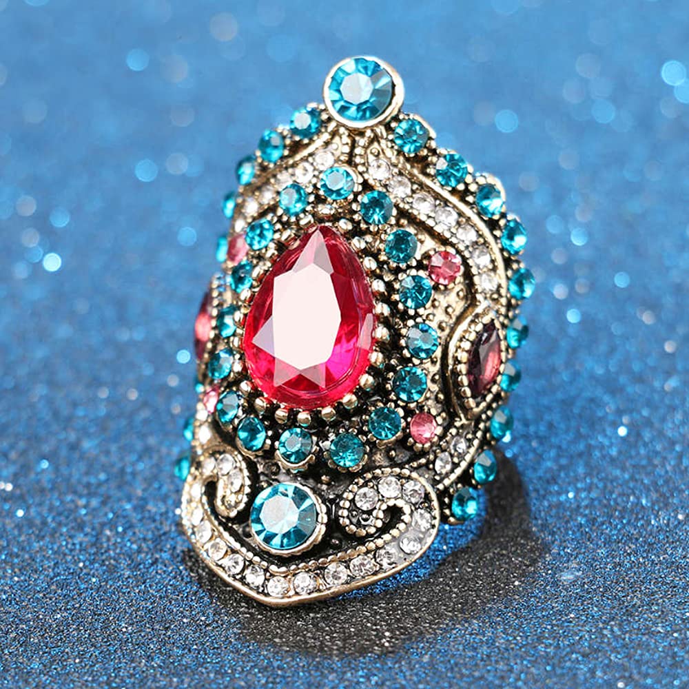 ABJFJE Retro Crystal Cocktail Statement Ring Antique Colorful Rhinestone Stacking Wedding Band Rings Fashion Jewelry Accessories for Women Gift