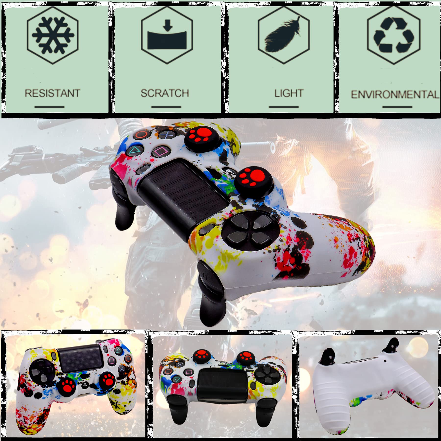 Silicone Skin for Ps4 Controller, 2pcs Anti-Slip Shell Cover Case with 10 Joystick Grips, 2 Pairs L2 R2, 4pcs Led Light Bar Skin for Playsation 4/ Slim/Pro Dualshock 4 Controller Wireless Gamepad