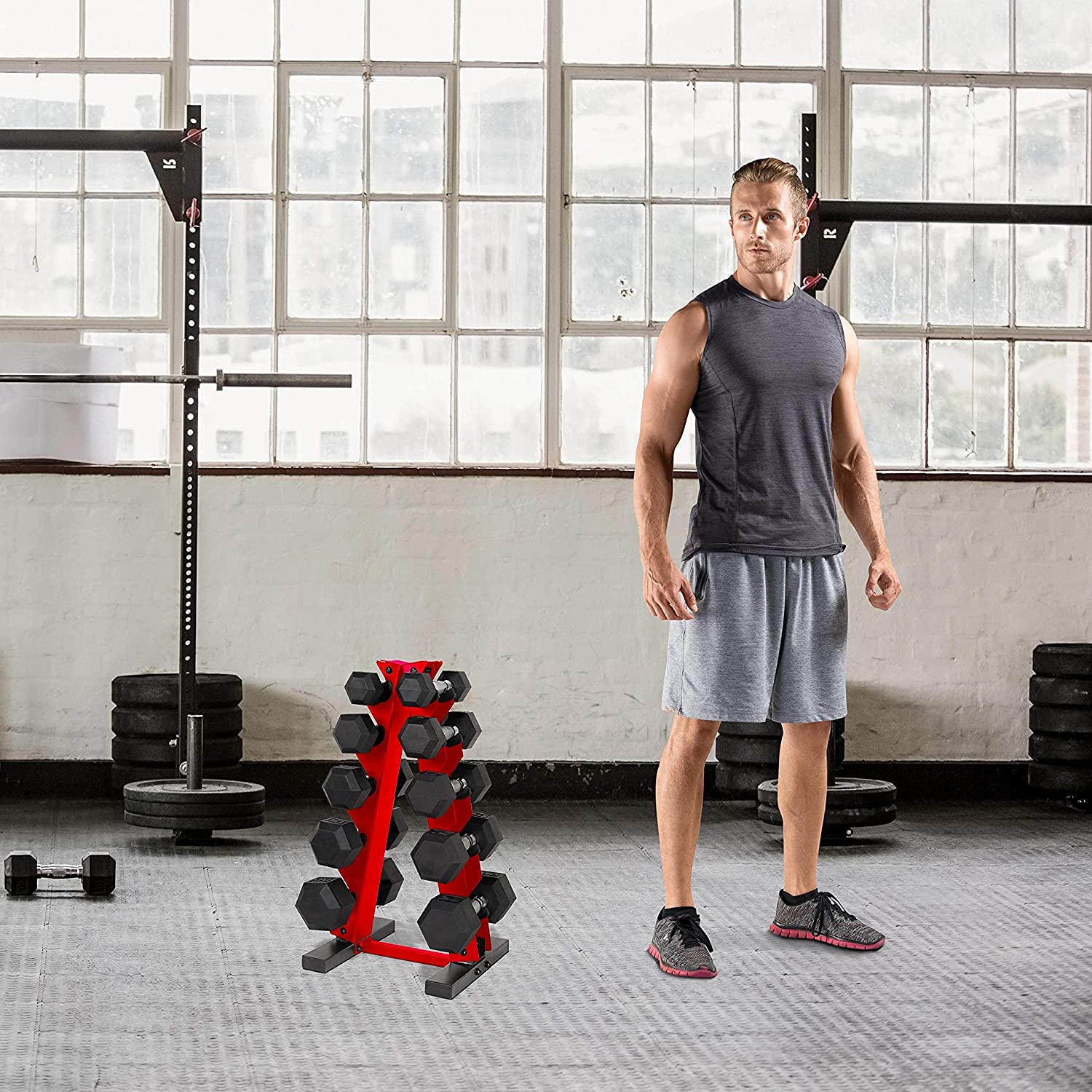 CAP Barbell A-Frame Dumbbell Weight Rack, Red (RK-12BIS-RD) with CAP 50lb Coated Hex Dumbbells, 5x2 20x2, & 10x2 15x2 & 25x2, Part of 150lb Set