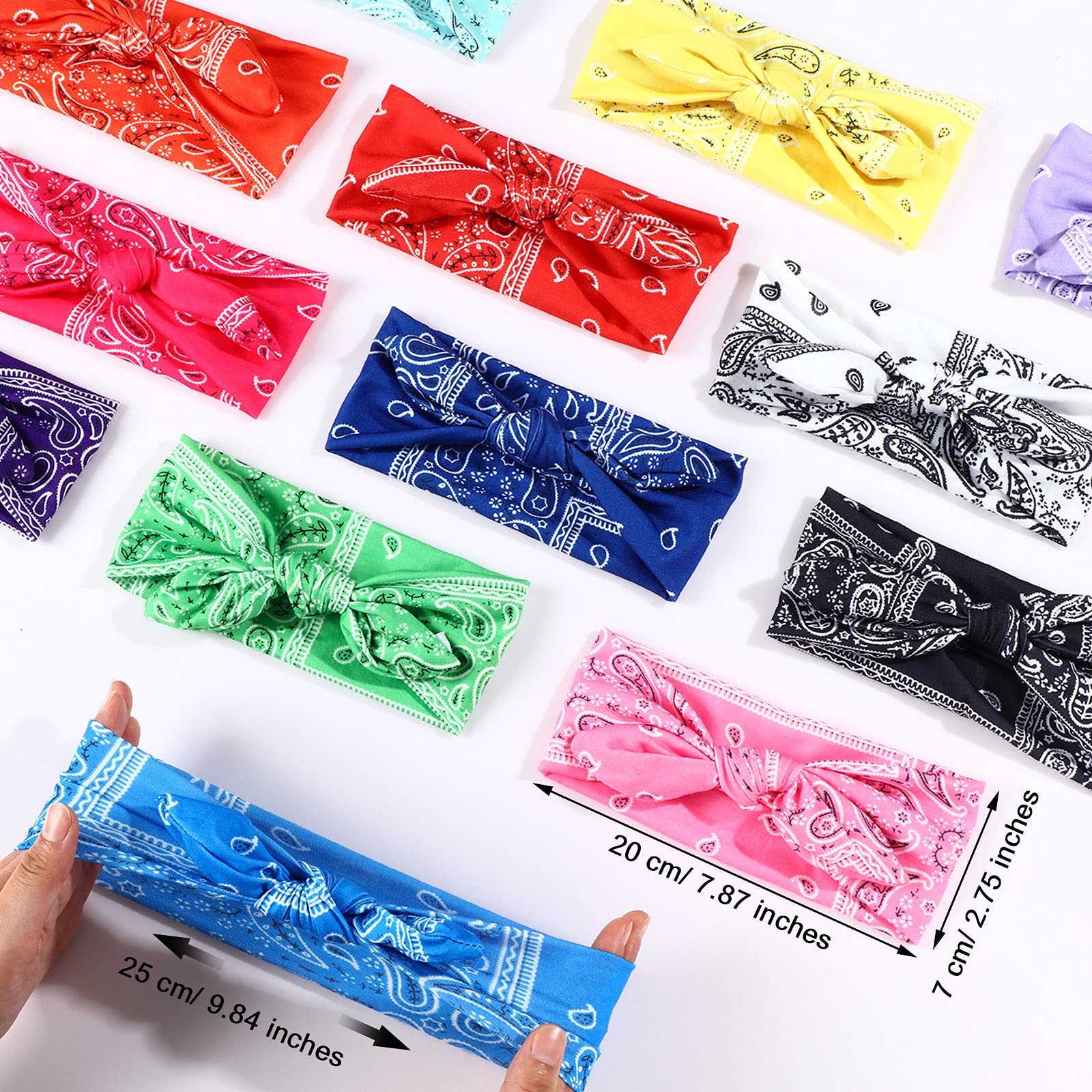 WILLBOND 13 Pieces Bandana Headband for Women Paisley Hair Bandanas Boho Bow Headbands Elastic Knot Rabbit Ear Head Wrap Cute Hair Accessories for Women Girls 7.87x2.77 inch (Stylish Color)