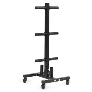 titan fitness portable weight tree for olympic plate and barbell storage, weight plate storage with 1,000 lb capacity, weight tree rack with locking wheels, weight plate tree with barbell storage