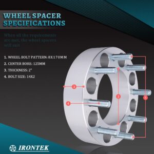 IRONTEK 8x170mm Wheel Spacers [2in M14x2 Studs, 125mm Hub Bore] 8x6.63in Wheel Spacers Adapters 50mm Wheel Extenders for Ford 99-16 F-250 Super Duty/F-250 Super Duty, 00-02 Excursion