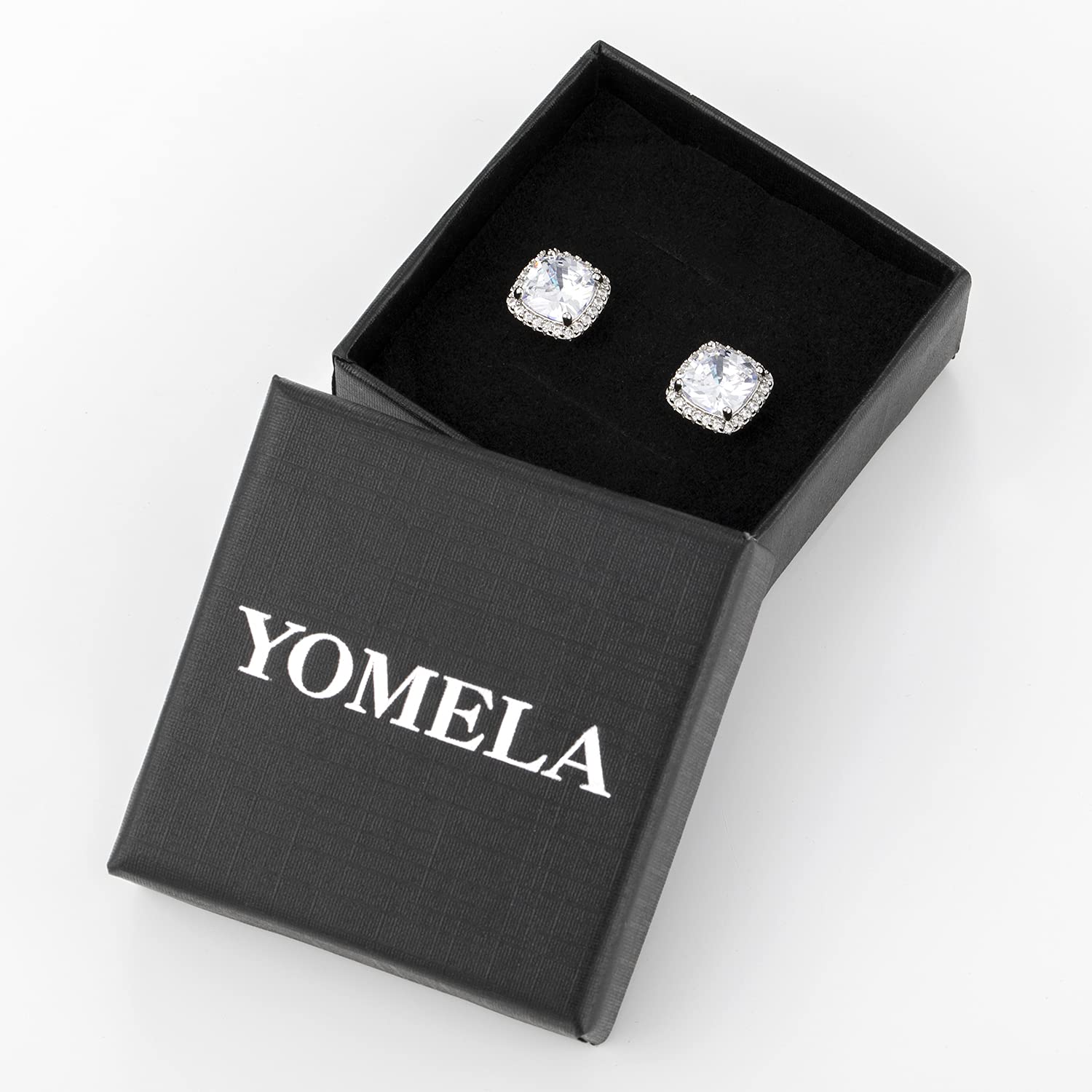 CZ Stud Earrings, Halo Stud Earrings for Women YOMELA White Gold 10MM Square Cubic Zirconia Stud Earrings Hypoallergenic for Women