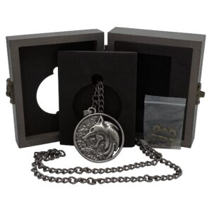 JINX Netflix's The Witcher White Wolf Medallion Necklace + Wooden Collector Box, Authenic Show Replica