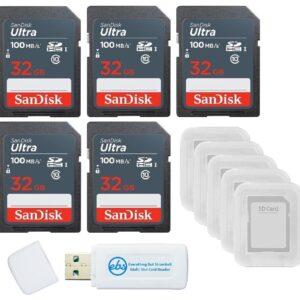 SanDisk 32GB Ultra SD Memory Card 5 Pack SDHC UHS-I Class 10 (SDSDUNR-032G-GN3IN) Bundle with 5 SD Card Cases & 1 Everything But Stromboli Card Reader