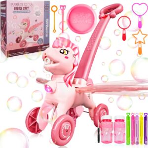 pink bubble machine blower maker lawn mower walking toy christmas basket stuffers outdoor summer girls kids toddler 1st birthday best gift for 1 2 3 year old unique cute valentines day unicorn gifts