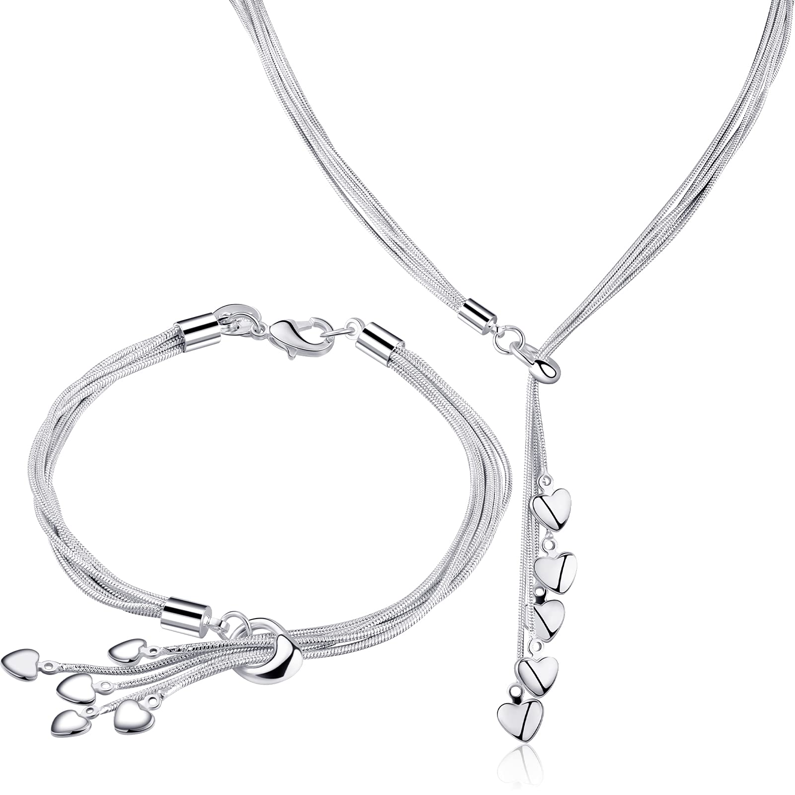 MTLEE 2 Pieces Five-line Chain with Five-heart Link Bracelet Bangle Italian Five-line Chain Necklace Link for Women Christmas Gift(Silver)