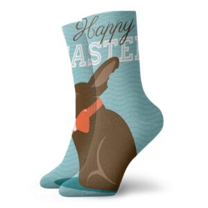 gultmee easter funky colorful cushion sport socks,chocolate bunny with an orange bow,athletic cushioned running performance crew socks for men/women,dark brown orange pale blue -12 inch