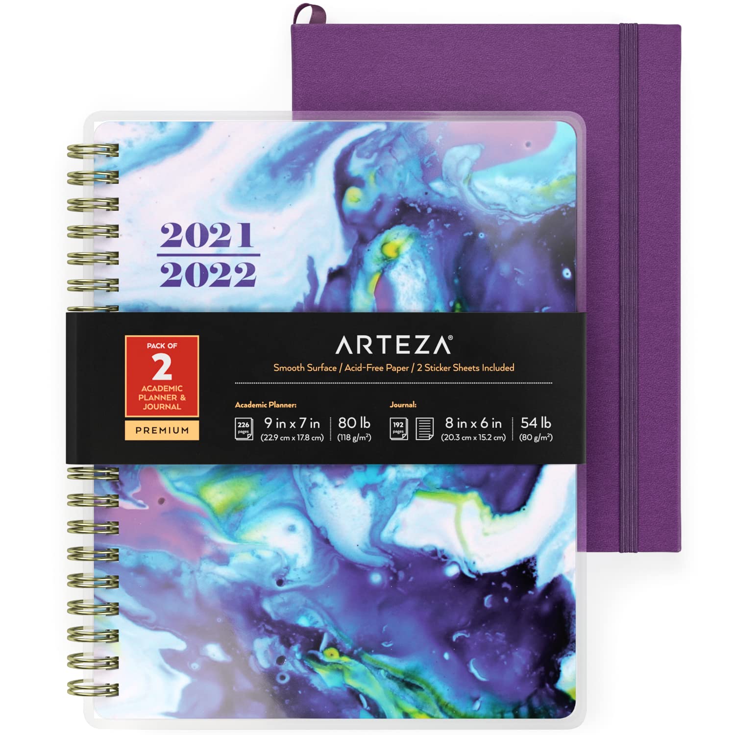 Arteza Academic Planner Bundle, Includes 9 x 7 Inches Planner, 6 x 8 Inches Lined Journal, and 2 Sticker Sheets, Office Supplies and College Essentials for Scheduling and Staying Organized