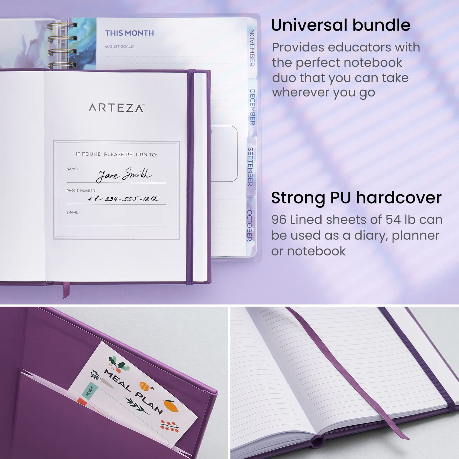 Arteza Academic Planner Bundle, Includes 9 x 7 Inches Planner, 6 x 8 Inches Lined Journal, and 2 Sticker Sheets, Office Supplies and College Essentials for Scheduling and Staying Organized