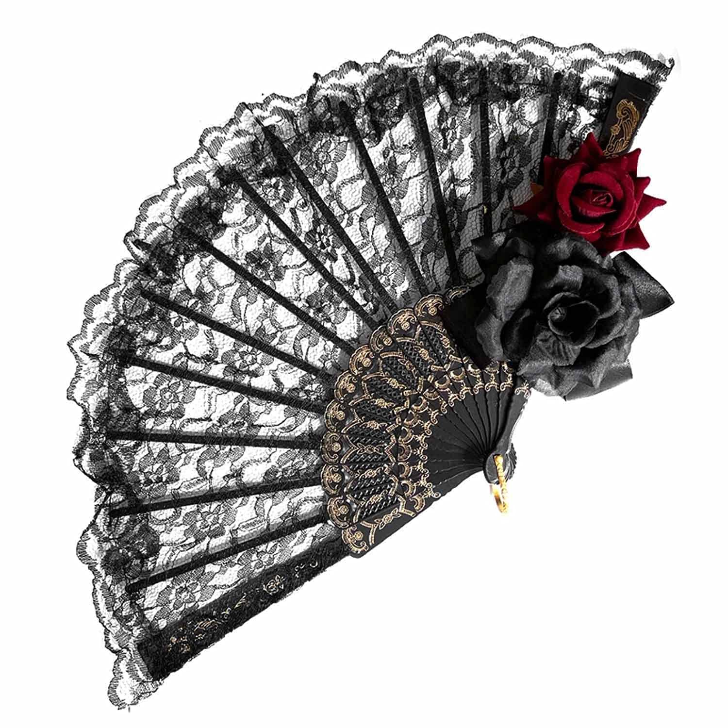 Vintage Lolita Victorian Gothic Women Lace Hand Fan Black Red Rose Gothic Fans for Party Halloween