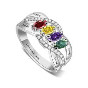 hojaster sterling silver personalized mothers rings gifts for mother’s day with 4 simulated birthstones custom family name ring jewelry for women mom grandmother, silver