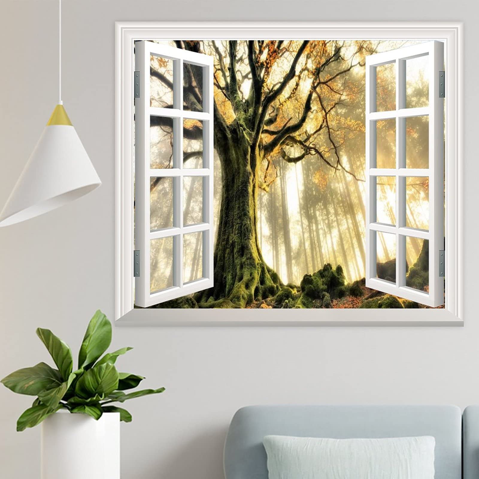 3D Wall Decals Window Looking Out Glorious Tree Surrounded by Sun Rays Wall Stickers Murals Wallpaper Art Decor for Living Room,Home Walls,Kids Room