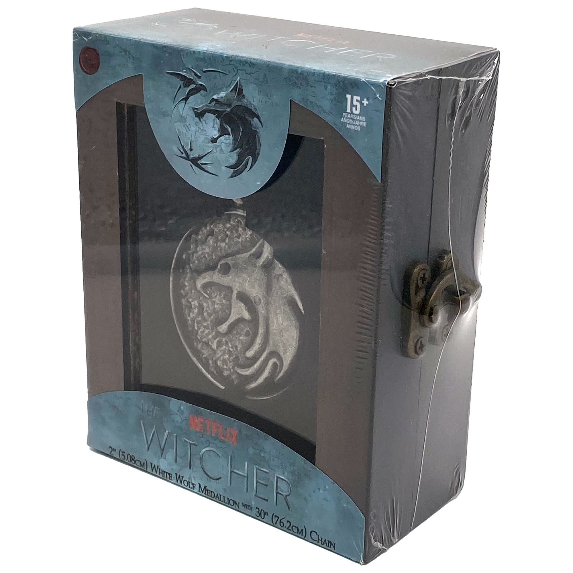 JINX Netflix's The Witcher White Wolf Medallion Necklace + Wooden Collector Box, Authenic Show Replica