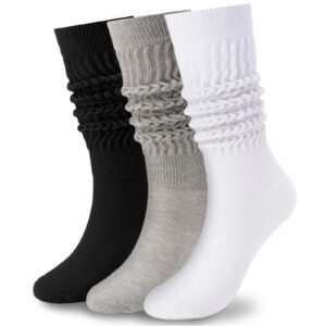 Forwe 3 Pairs Slouch Socks for Women Size 9-11 Black White Grey Soft Extra Long Scrunch Knee High Boot Socks (3 pcs-Black Grey White)