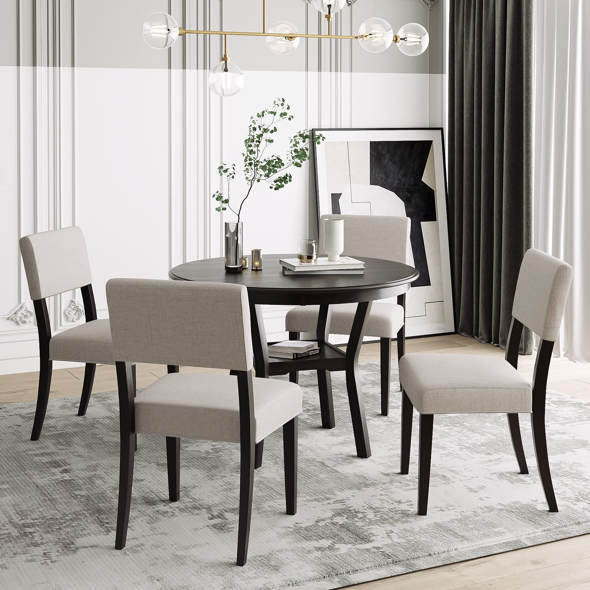 Merax 5-Piece Dining Set, Round Bottom Shelf, 4 Upholstered Chairs, Ideal for Kitchen, Dinning Room and Bar Table, Espresso, Beige