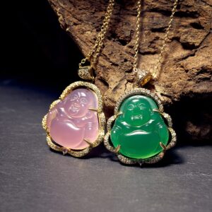 MTLEE Smiling Buddha Necklace, 2 Pieces Jade Pendant for Women & Men, Unisex 18.9inches Chain Necklace, Green & Pink (Crystal Alloy)