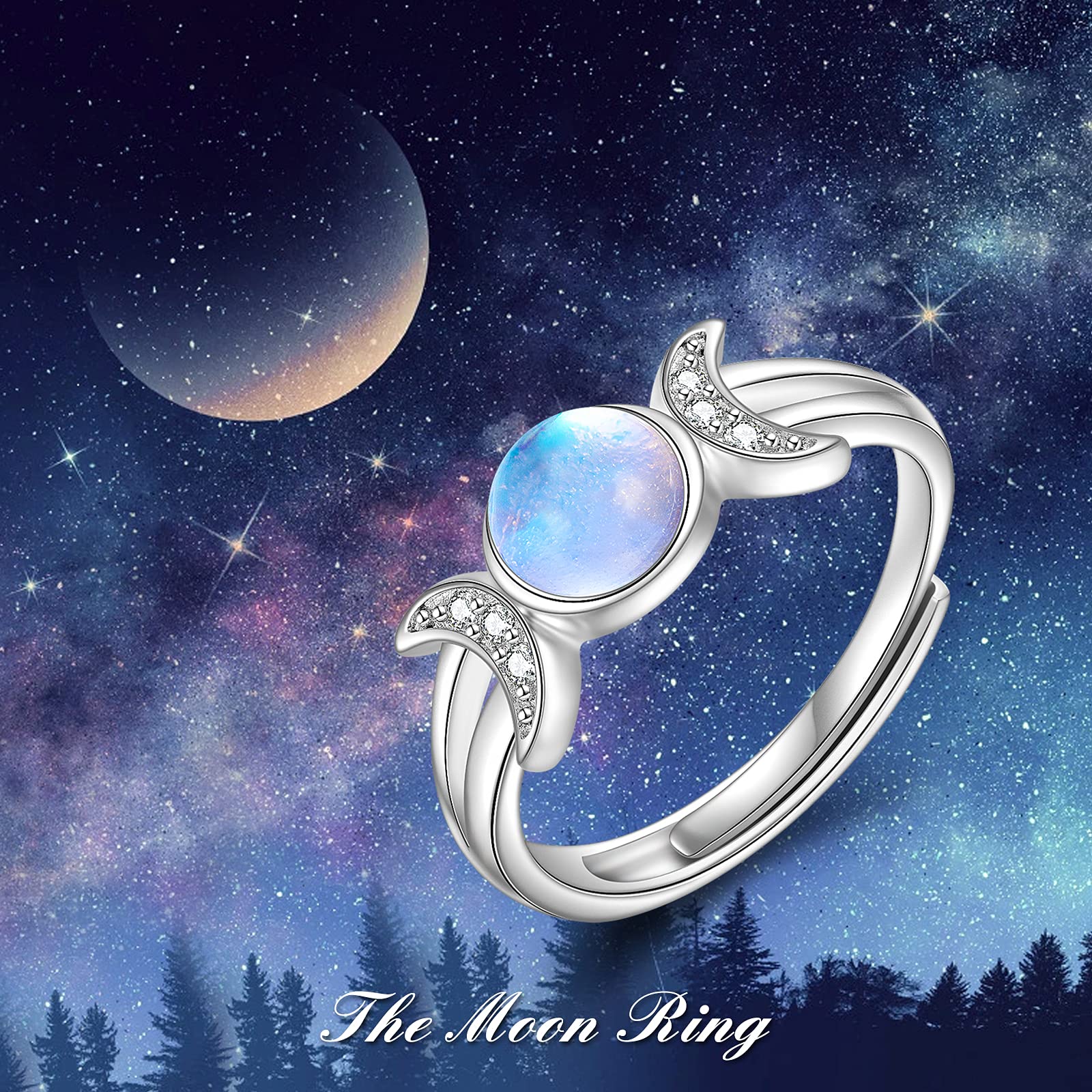 Pagan Triple Moon Bands Ring Wicca Moonstone Ring 925 Sterling Silver