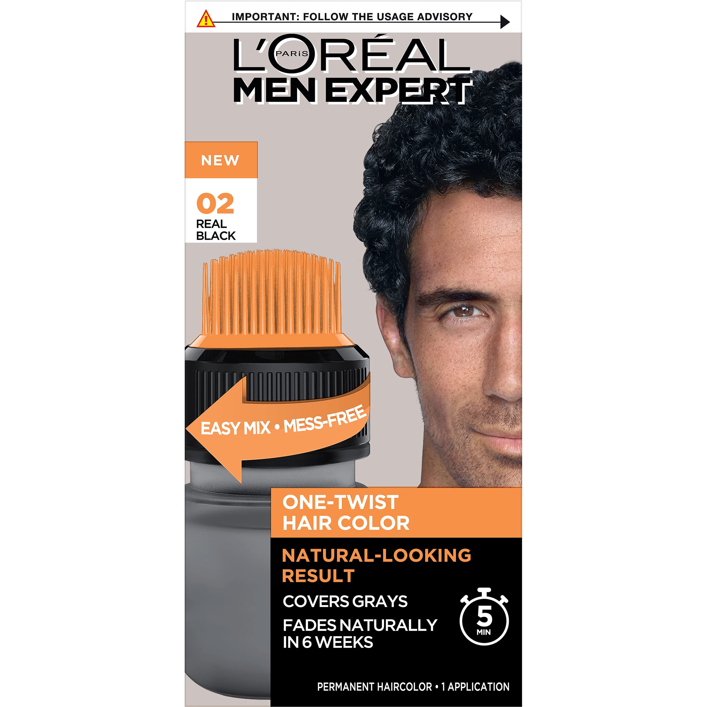 L’Oreal Paris Men Expert One Twist Mess Free Permanent Hair Color, Mens Hair Dye to Cover Grays, Easy Mix Ammonia Free Application, Real Black 02, 1 Application Kit