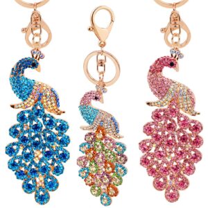 askinds 3pcs peacock crystal rhinestone alloy metal keychain key chain key ring pendant decoration gift for womens purse bag(blue,pink,color)