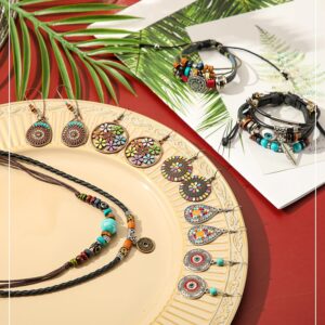 Hicarer 9 Pieces Bohemian Vintage Dangle Earrings Set Boho Retro Rhinestone Drop Earrings Multi-layer Beaded Leather Bracelet and Turquoise Bead Necklace Jewelry for Women