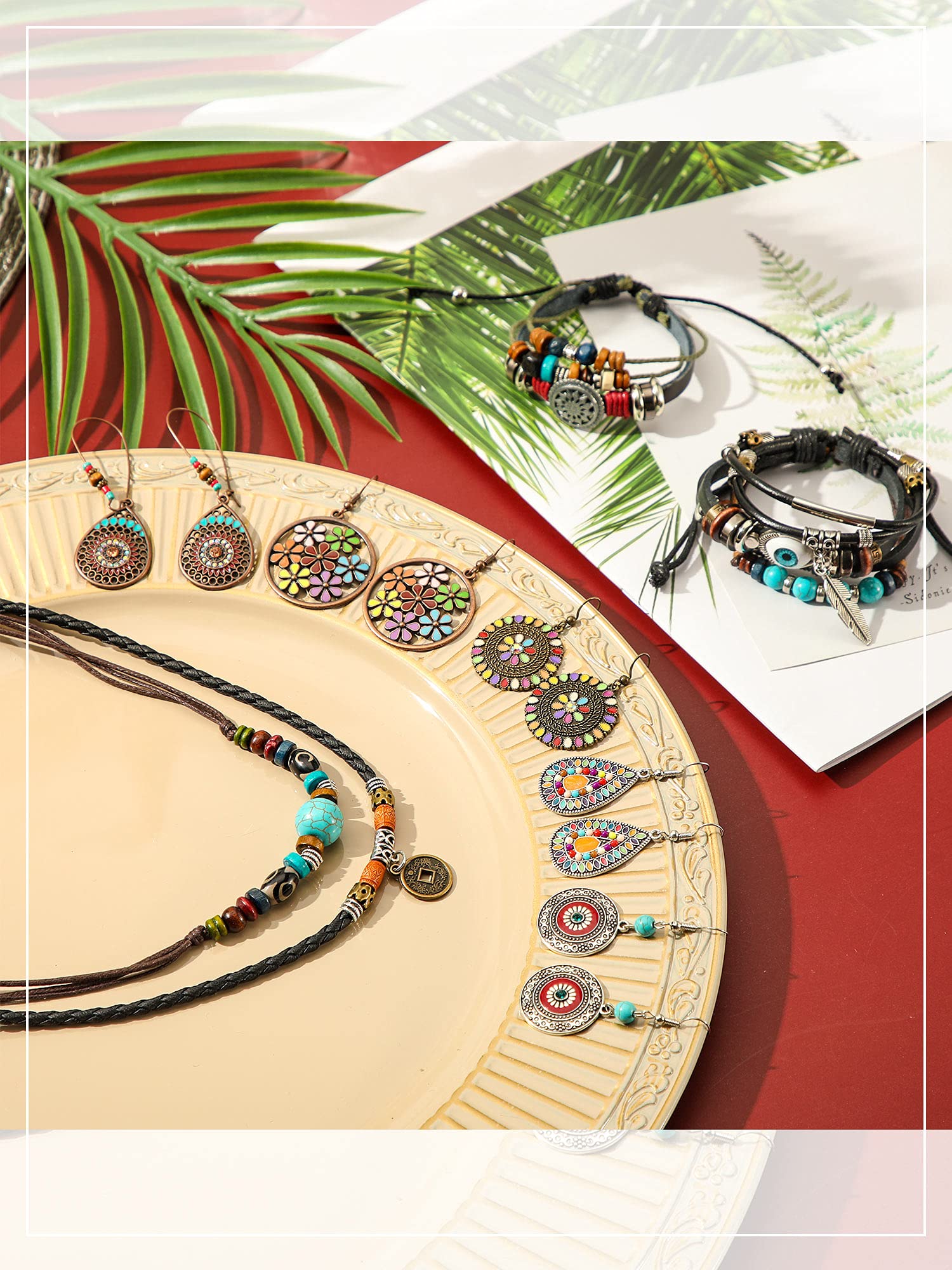 Hicarer 9 Pieces Bohemian Vintage Dangle Earrings Set Boho Retro Rhinestone Drop Earrings Multi-layer Beaded Leather Bracelet and Turquoise Bead Necklace Jewelry for Women