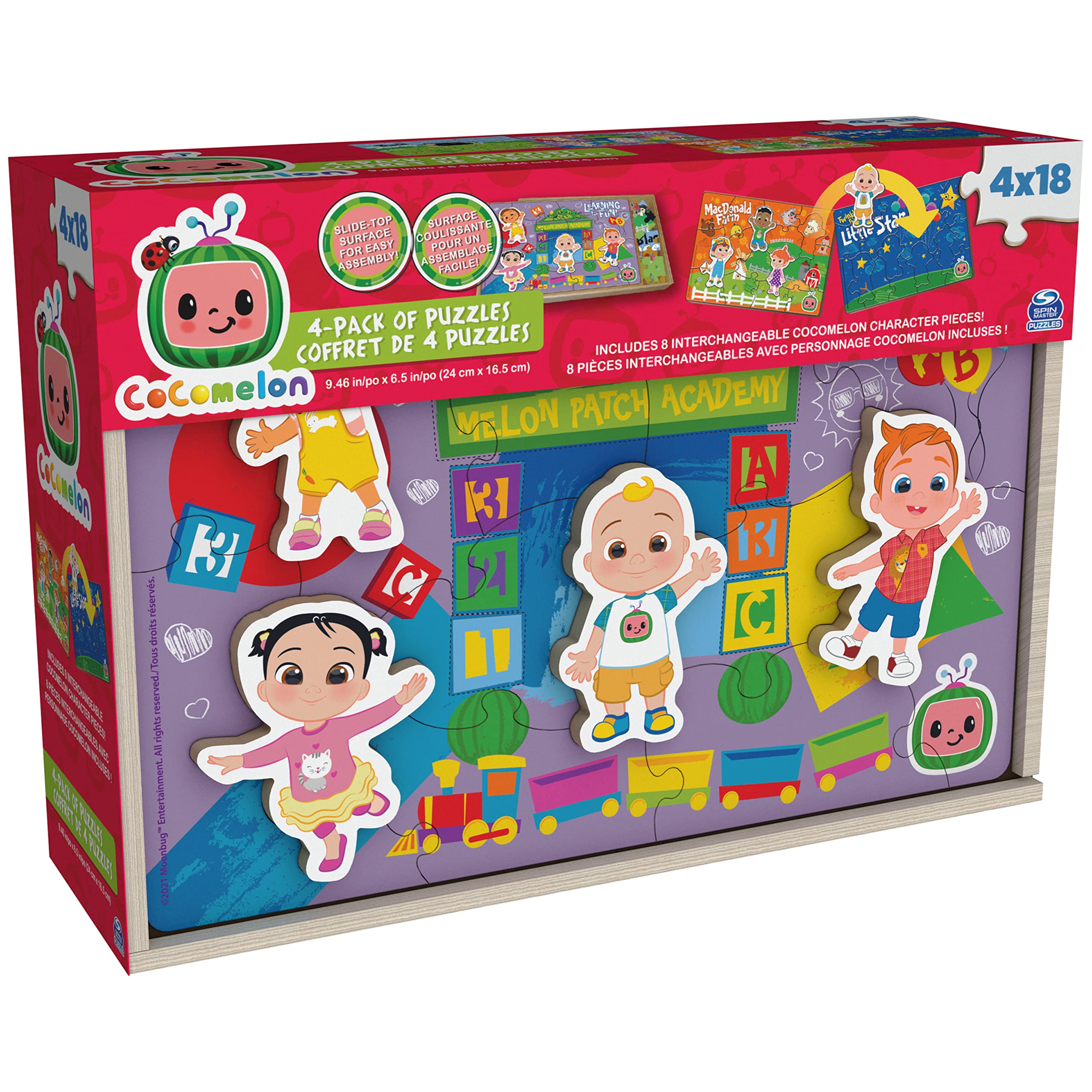 CoComelon, 4-Pack Wooden Puzzles, 18-Pieces Each Jigsaw Toy Gift Set with Interchangeable Characters, for Kids Ages 3 and up