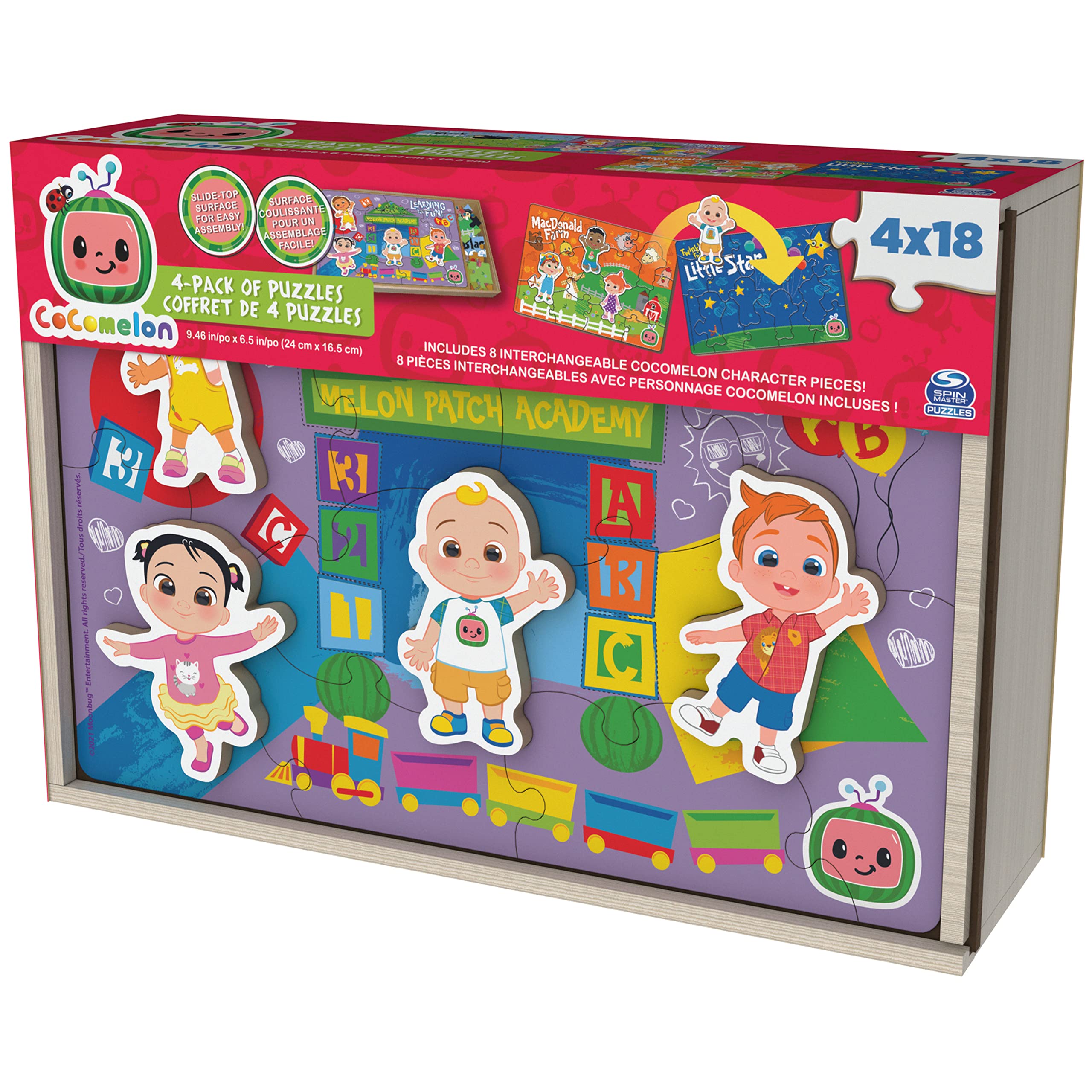 CoComelon, 4-Pack Wooden Puzzles, 18-Pieces Each Jigsaw Toy Gift Set with Interchangeable Characters, for Kids Ages 3 and up