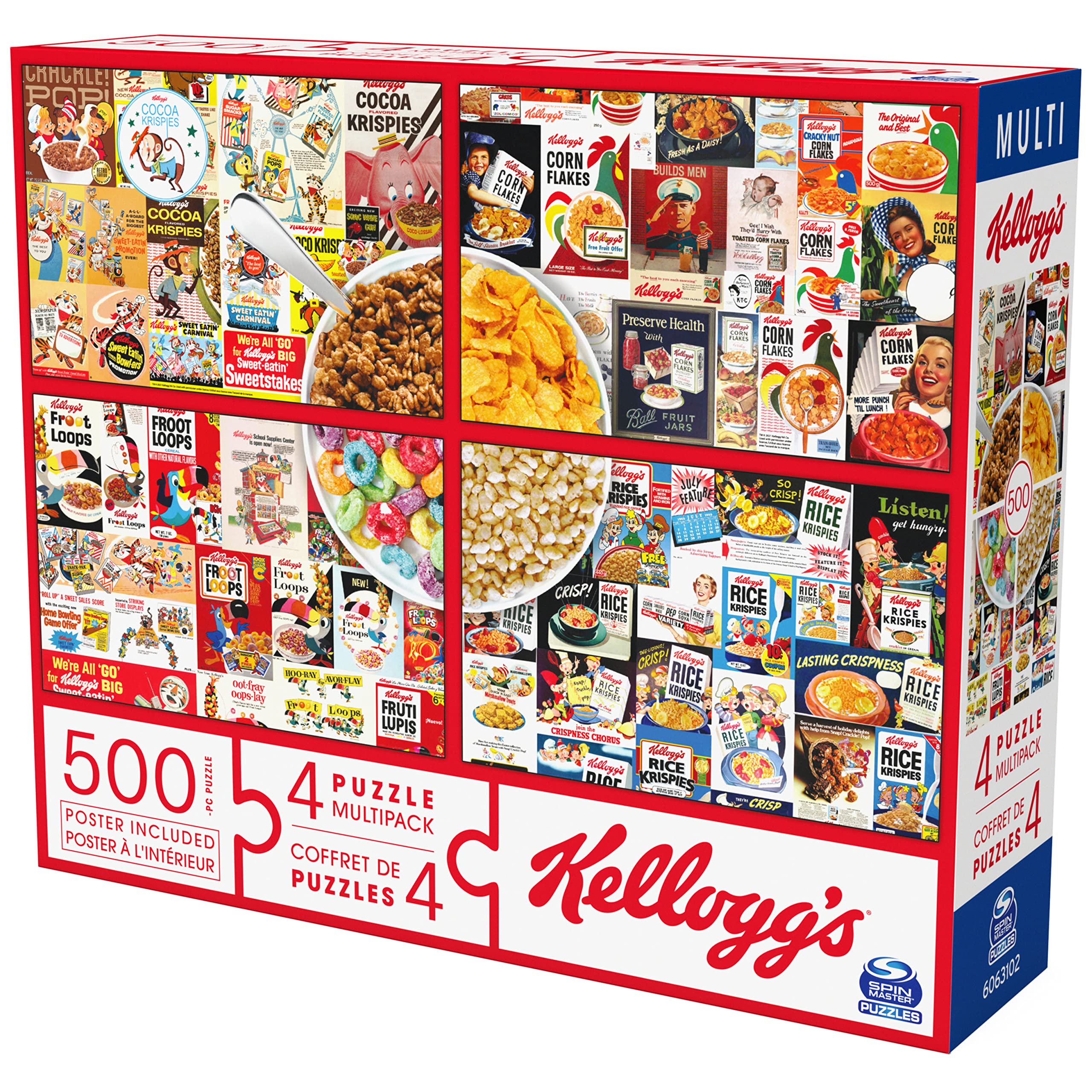 Kellogg’s, 4 Puzzle Multipack, 500 Pieces Combine to Form Mega Puzzle: Cocoa Krispies, Corn Flakes, Fruit Loops, Rice Krispies, for Kids and Adults