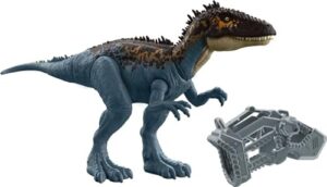 mattel jurassic world mega destroyers carcharodontosaurus posable dinosaur action figure toy with attack and breakout features, blue