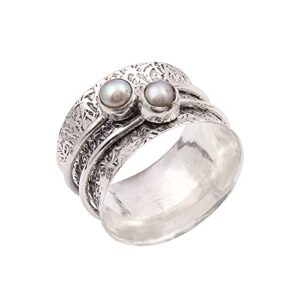 925 sterling silver round pearl spinner handmade silver meditation boho worry ring (10.5)