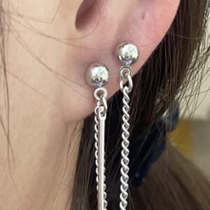 Double Ball Spike Piercing Chain Minimalist Dangle Drop Stud Cuff Earrings for Two Holes Men Women Boys 2nd Ear Cartilage Stainless Steel Fashion Punk Climber Crawler Threader Tassel Dangling Hypoallergenic Gifts for Birthday Bff