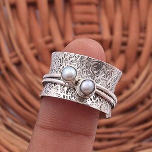 925 Sterling Silver Round Pearl Spinner Handmade Silver Meditation Boho Worry Ring (10.5)